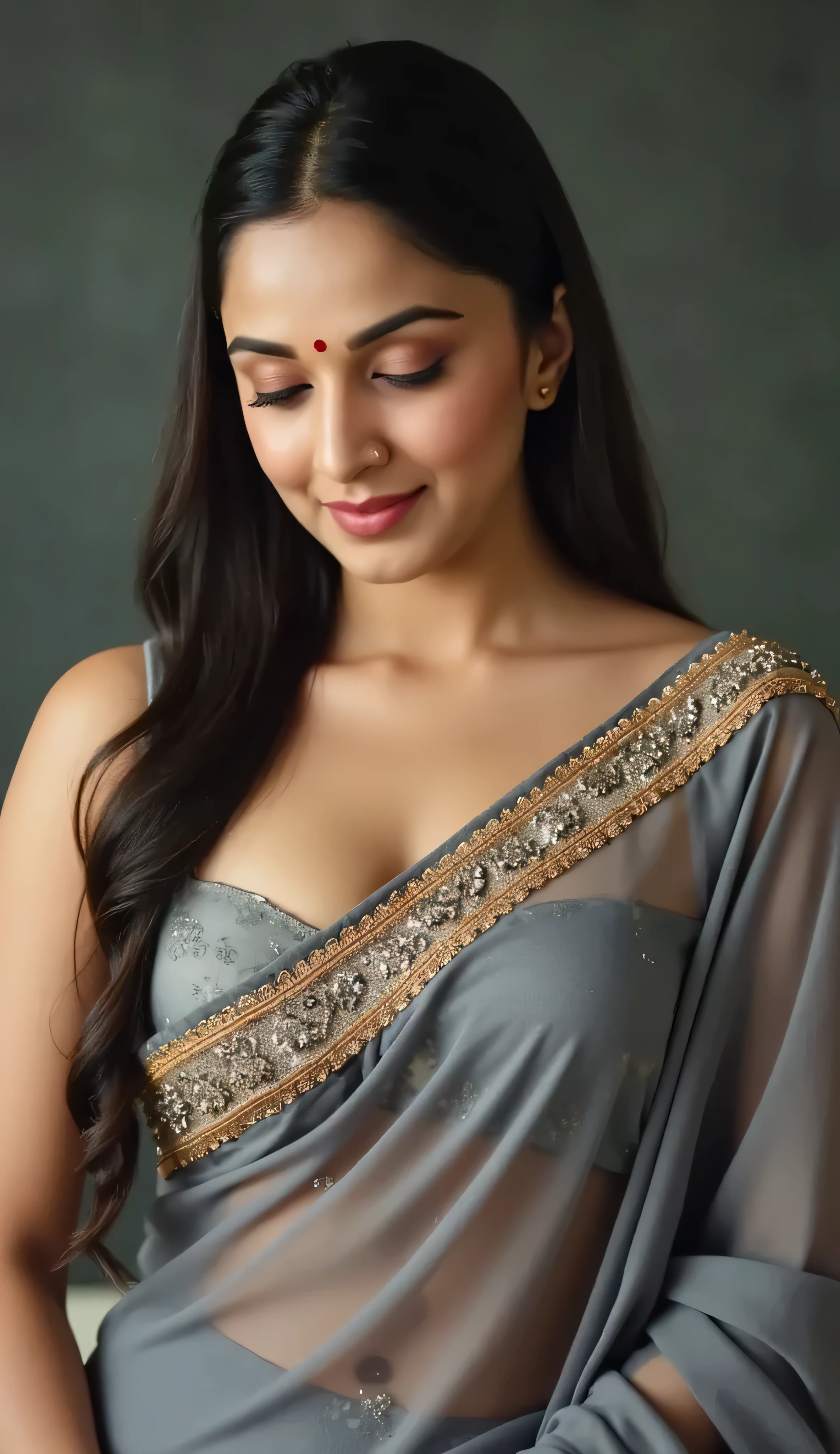 Front view,Full body image, indian hourglass body, Indian Fair complexion, Indian equal sized advanced breasts, Indian medium plus sized 29 year old Telugu teacher syamala, mouth slightly open, very huge breasts, wearing highly embroideried gray colour glossy fully 34% transparent chiffon deep neck blouse and gray colour glossy linen body fit designer saree wearing , eyes partially closed,, standing in a class room, romantic movie stills photography, movie stills, movie photo, hd movie photo, movie still promotion, film movie still, still from movie, dynamic movie still, still from a movie, movie still 8 k, movie film still, still from the movie, cinematic movie still, promotional movie still, full body image, side view