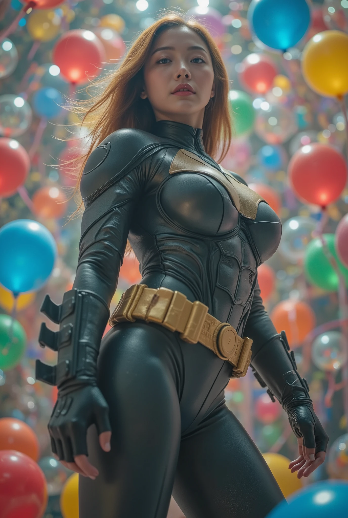 busty curvy super muscular korean female wearing batman rubber suit surrounded by balloons