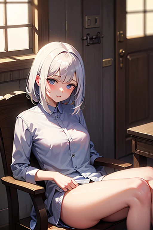 girl with,eighteen years old,white hair,blue eyess,naked,Not wearing,no Underwear ,smil,blushing cheeks,1人,sitting on,short-hair,Sweating,natta,Warm color light, visible breast, pink nipples, visible vagina, pink vagina