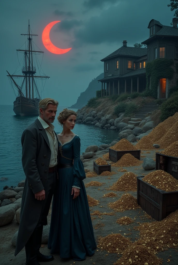A middle-aged man in his late 30s, with blonde hair and blue eyes, stands on a remote island during the 19th century. He wears authentic 19th-century clothing, his face burdened with guilt and inner torment. Beside him stands a calm, serene woman, her expression peaceful and composed, contrasting with the man's visible emotional struggle.

In the distance, a large wooden cargo ship from the 19th century is docked by a winding river, clearly a merchant vessel, not a pirate ship. Behind them, towering piles of gold and treasure spill from crates, some of it stained with blood, while ghostly, half-formed hands reach from the shadows, grasping at the wealth—symbols of past sins and the price of greed.

Near the treasure, partly overgrown with vines and shadows, stands a lonely wooden house, once sturdy, now weathered by time. Its windows are dark, its door slightly open, hinting at abandonment or loss. The house represents a life once lived, now tainted or destroyed by the pursuit of wealth.

Above, the night sky is pierced by a glowing red crescent moon, casting an otherworldly light on the scene. The atmosphere is heavy and cinematic, full of contrast—between wealth and emptiness, peace and guilt, the past and what remains.