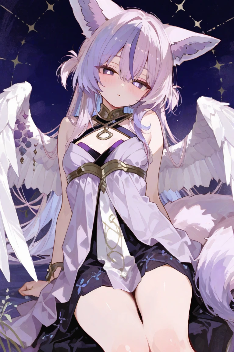 A delicate and elegant girl, Long wavy hair that reaches the knees,White hair is very attractive.., Detailed and precise manual work, Attractive girl, White cat ears, look at me, Purple eyes and white eyelashes,Her cheeks turned red,Big angel wings,On the water, A subject that stands out against the dark night sky,A lot of hydrangea, White Dress, Dramatic moonlight that makes your subject stand out, barefoot,Ankle decoration,Floating。