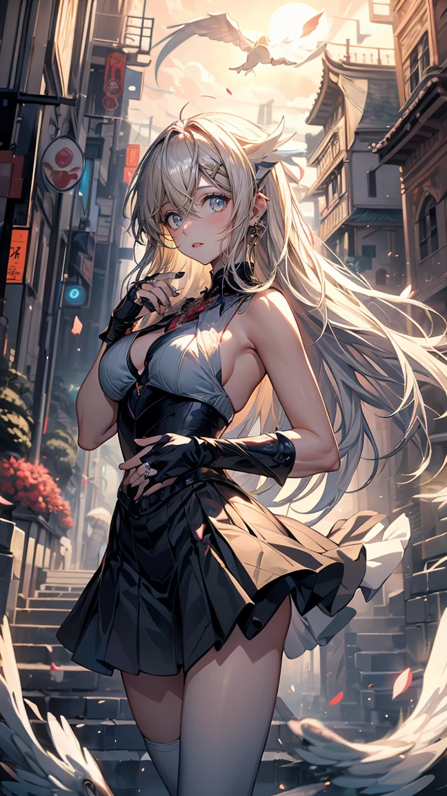 (small breasts:1.2), (perky chest:1.2), (pointed chest:1.2), (Pudding cake magazine cover:1.3),(from below:1.0),(shoot from the side:1.1),masterpiece, 1girl, Amazing Cleavage:1.1, thin waist, optimum,tmasterpiece,hight resolution,best qualtiy,hyper HD,super detailing,awardwinning,a 18yo cute girl,(The upper part of the body),??????? correct,Beautiful Black miniskirt,garters,Gaze,Small face,bangss,holster,Beautuful Women,hands up,leg holster,Gaze,black boots,Cowboy Shot,cute face,a blond,Longhaire,Twin-tailed,Braids, Hairline,(scarlet eyes),long eyelasher,Hanging eye corners,White skin of the, ((see through camisole:1.1)), ((Sheer nipples:1.0)),Rocket Tits,(Slim body),smile,seductive weak smiling,(with sparkling eyes and a contagious smile),little open mouth, Looking at Viewer,
