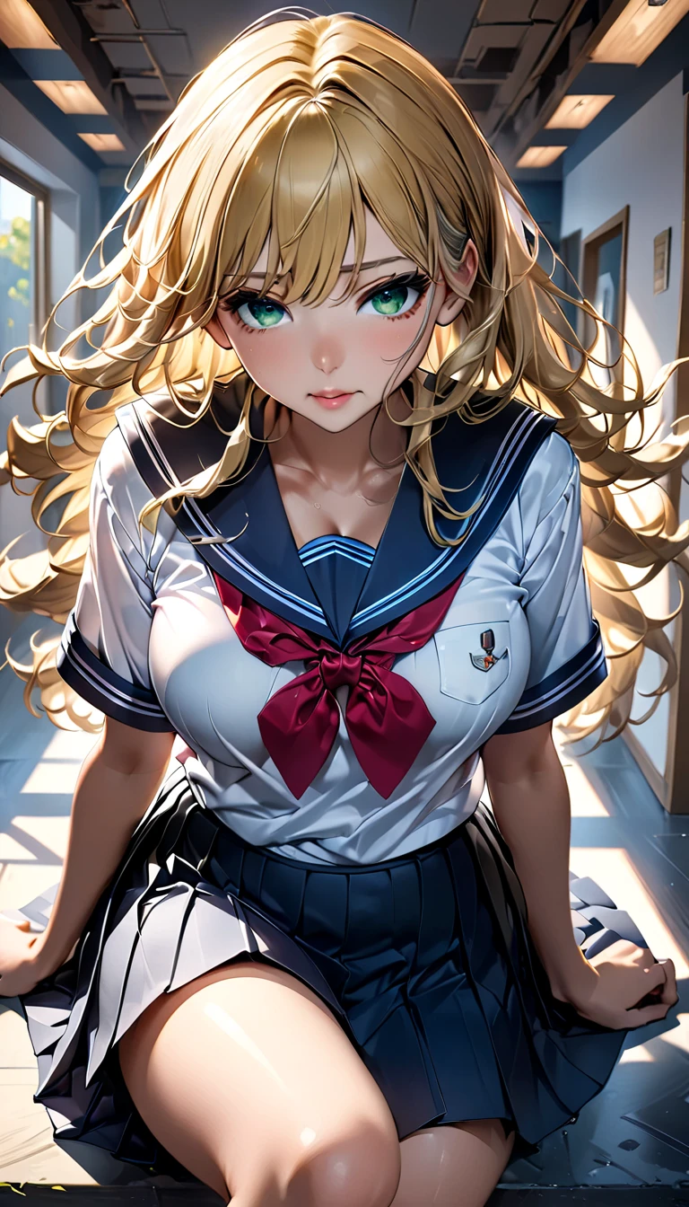 1 woman, school swimsuit, ((Blue One Piece Swimsuit)), (Sailor school uniform only for the upper body), (white short shirt), (Crop Top shirt), summer clothes, Red Ribbon Tie, masterpiece, Best Quality, High quality, High Definition, Finely detailed, Detailed texture, realistic representation of face, Realistic, Colorful, Ray tracing, (((lighting forward))), ahegao, (((eyes focus))), (glowing eyes), (Detailed beautiful delicate face, Detailed beautiful eyes, A perfectly proportioned face, High detailed skin, best ratio four finger and one thumb, (((Glowing white shiny skin))), (((Open legs))), small breasts, ((sitting on a bed with one knee up)), ((Smooth texture, Realistic texture, Photorealistic)), (((Green eyes))), (((blonde semi-long hair, ponytail))), (Beautiful face, Cute face, Detailed face)