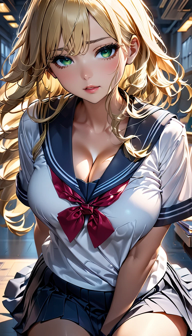 white thighhighs, Ear blush,hearts in eyes,full blush,Tsundere,cheer leader,Volleyball uniform,Blonde hair,shairband, anime screenshot}(Masterpiece, Best quality, illustration, Cinematic lighting,CG,the wallpaper),1 girl , Beautifully detailed eyes,Messy hair,Long hair, flipped hair,hair glowing,angle of view,Blush,serafuku,Sailor senshi uniform, shadowing,Depth of field,Chiaroscuro,Lens flare,Cinematic lighting,Realistic, Tsundere,:D,rough breath, Medium hair,, Best quality at best, Very Fine Detail, Highest high resolution,((Big breasts)),((Bulge)),with brown eye,Asian face