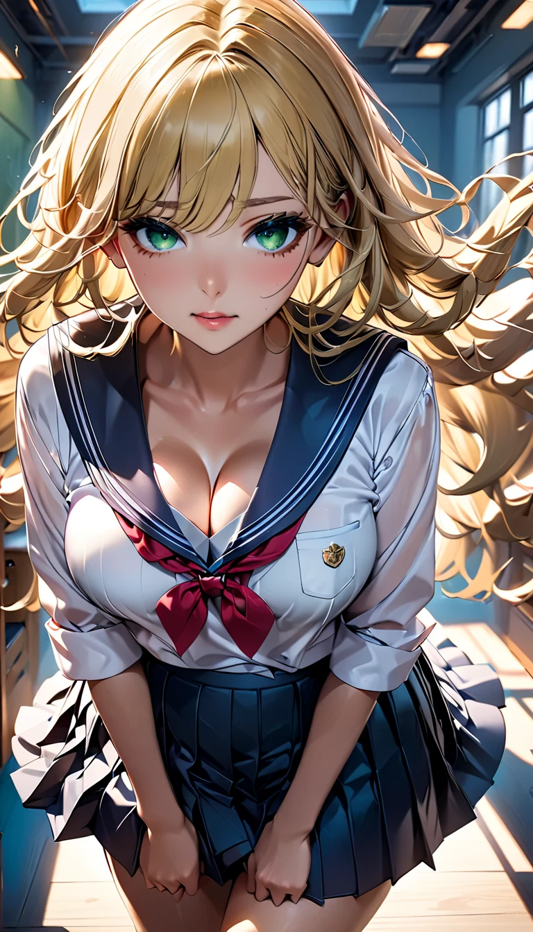 (cowboy shot: 1.5), (white background, simple background: 1.5), (masterpiece:1.5), (big breasts: 1.5), (1 girl: 1.5), young woman, (Beautiful Girl:1.5), (extremely detailed and delicate anime face and eyes:1.5), whole body, (natural light, HDR, extremely details CG:1.3), (dynamic posture: 1.3), {correct body anatomy}, (wide hips: 1.3), (perfect hands: 1.5), single focus, toned body, Beautiful Lips, thick lips, {surreal}, {correct posture}, {minutes details}, {detailed body}, {detailed clothing}, (Bright Eyes: 1.3), (cleavage: 1.3), {accessories}, {sexy}, (Gyaru: 1.5), Gal, (school uniform: 1.5), high school student outfit, (blouse: 1.5), short skirt, (pleated short skirt: 1.3), miniskirt, (plaid skirt: 1.5), (legwear: 1.5), (white legwear: 1.5), loose pointe shoes, earrings, (ear piercing: 1.3), hoop earring, hairclip, jewelry, (hair ornament: 1.3), (bracelet: 1.5), too many accessories, (ring: 1.5), (eyeshadow: 1.5), flawless makeup, (ribbon tie: 1.5), lace collar with tie, (scrunchie: 1.5), (happy look: 1.5), (light smile: 1.3), (extra long hair: 1.5), (multicolored hair: 1.5), (gradient hair: 1.5), (two-tone hair: 1.5), (blonde hair with green and pink streaks: 1.5), (blonde hair: 1.5), (green and pink streaks: 1.3), (permed hair: 1.5), (two side up: 1.5), (wavy hair: 1.5), (nape hair: 1.5), glowing hair, (ahoge: 1.5), (bright blue eyes: 1.3),