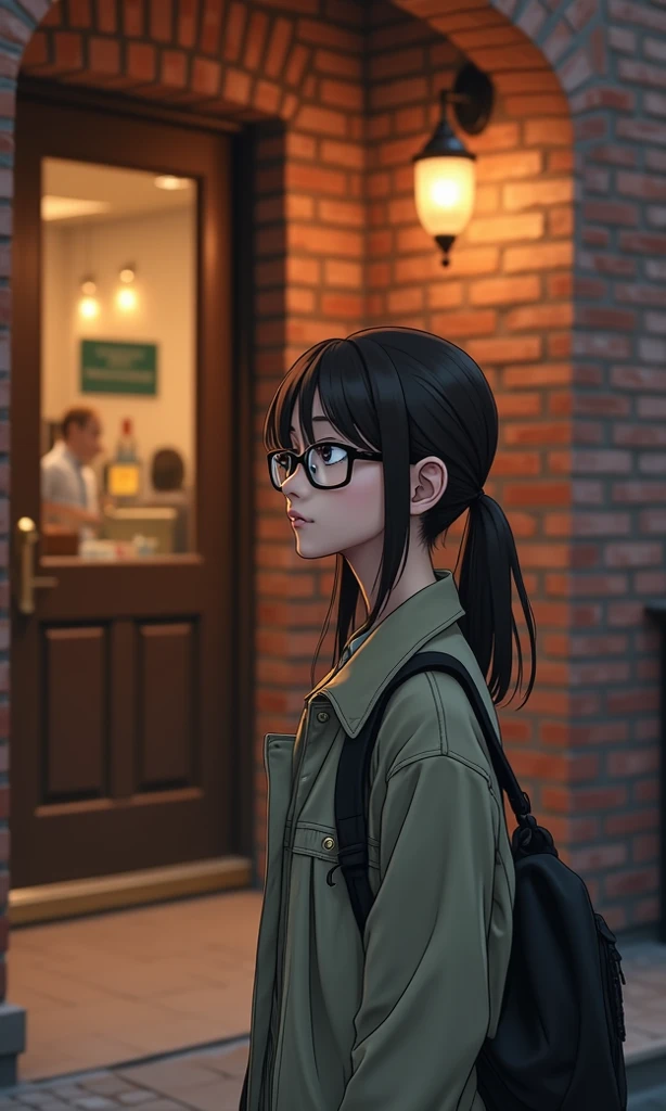 waiting for the arrival of the man she admires、in front of a brick restaurant。Female college student with short-cut milk bottle glasses looking fidgety。
The、style is an anime style of Attack on Titan with thin line illustrations