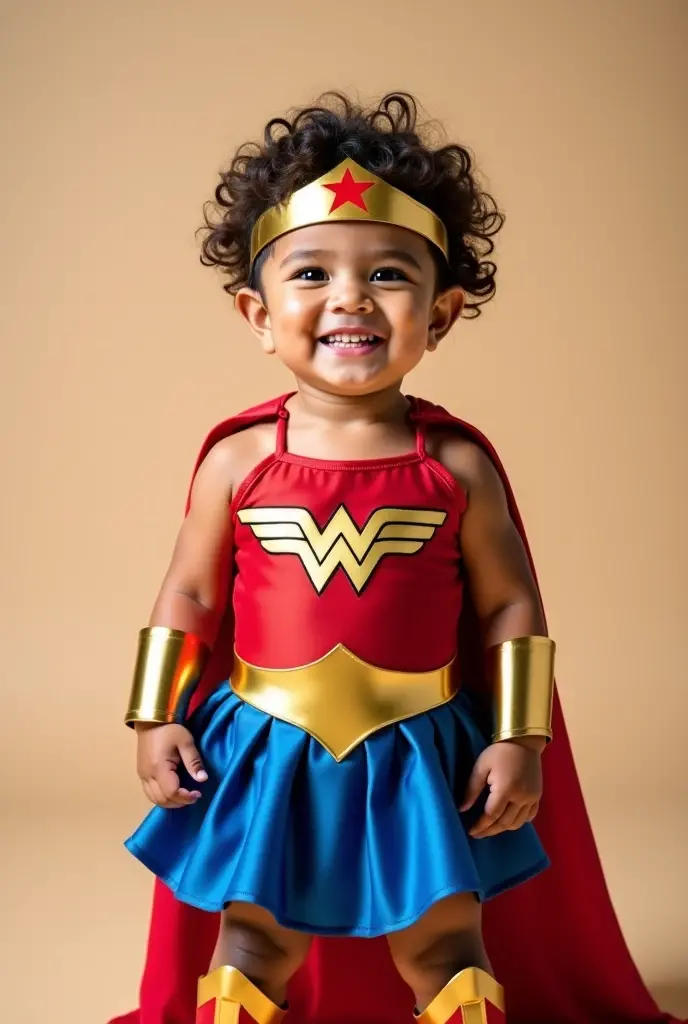 full body portrait of an indian mother dressed as super woman wearing a fully covered super woman cape with letter 'S' in it and a one year old baby dressed as wonder woman, 32k uhd, high definition, high detailed, no noise, filmy background , with the banner happy 1st bday seen behind , eyes facing the camera
