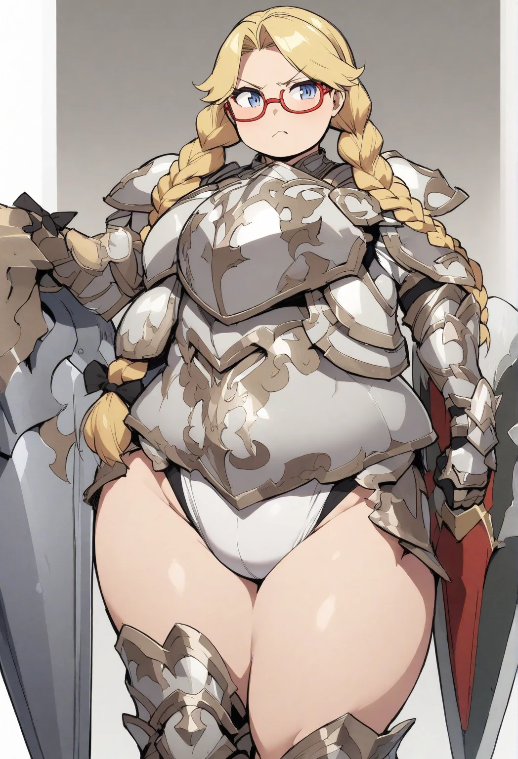 masterpiece, best quality, high quality, 1solo white SKIN elf, long hair, white hair, yellow eyes, full body, breastplate, looking at viewer, shiny, armor, thigh highs, high boots, shoulder armor, faulds, poleyn, gloves, gauntlets