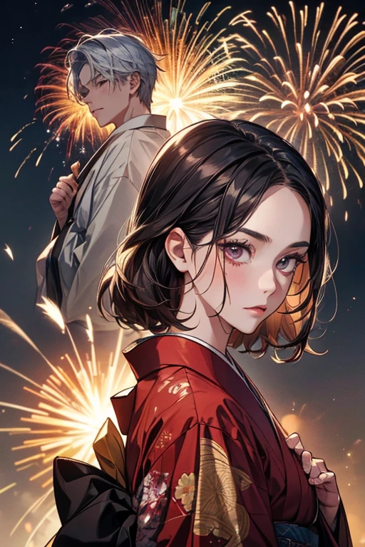 masterpiece, couple boy and girl, handsome and beautiful face, kimono style, looking at the audience, fireworks festival background, (eye detail), (face detail), (body detail), (background detail), (make 8k image),