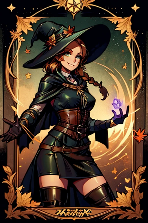 A Beautiful Woman with long brown hair, green eyes and fair skin wearing a green riding cloak.