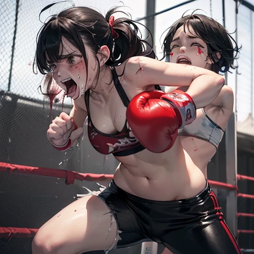 She is cornered in a wire fence, badly beaten by her opponent. She is wearing a monokini. Her opponent tries to kill her with a powerful punch. The girls are exhausted. Two young and beautiful Japanese female mixed martial artists are fighting in the octagon. They are smashing their fists against their opponents' bodies. They are covered in blood. Their mouths open, drooling, one eye closed, gasping for air. They are sweating profusely. Short-cut black hair. Open finger gloves. Erect nipples. Small breasts.