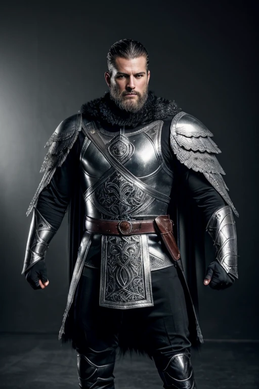 phtograph, modelshoot, Portrait of 40 years old paladin, Winter clothes, gray chainmail, battle pose, fantasy, dungeons and dragons, face details, dramatic lighting, highly detailed