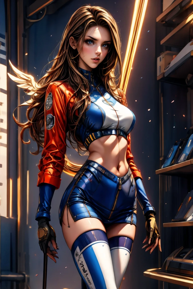 A full-body, ultra-detailed semi-realistic digital painting of a mature Croatian woman in her early 40s, with a tall, toned, elegant figure that radiates confidence and modern allure. Her proportions follow a 10-heads-tall fashion model silhouette, with a modestly full bust, narrow waist, long legs, and athletic posture. She stands with composed poise, one hip tilted, exuding refined strength. Her skin is light beige with a golden undertone. Her facial features are intensely sharp—extremely high cheekbones, a long, narrow aquiline nose, and a pronounced, angular V-line jaw that sharply tapers to a defined point. Her eyes are deep-set and narrow, stretched slightly upward with slanted outer corners, fox-like in shape. Her brows are arched and strong, enhancing her piercing gaze. Her expression is cool and composed, bordering on severe. Her lips are medium-thin with a pointed Cupid’s bow, colored in matte mauve. Her makeup is sculpted and strategic: metallic taupe eyeshadow sharply winged at the outer edge, smoked lower lashline, light contouring across jaw and nose bridge. She wears a minimalist race queen outfit: a fitted zip-up crop top in navy with silver panels and structural lines that follow her body. Her ultra-short asymmetrical skirt has clean navy-silver contrast with sponsor accents. Navy thigh-high boots with silver zippers and matching fingerless gloves complete the look. Her chestnut brown hair is sleek, straight, and waist-length, center-parted and flowing cleanly down her back without bangs or accessories. She stands at a modern racing venue with sunlit urban architecture and cool, directional shadows that sharpen her striking form. Masterpiece, best quality, semi-realistic, 8K resolution, cinematic lighting, hyperrealistic portrait, finely detailed.