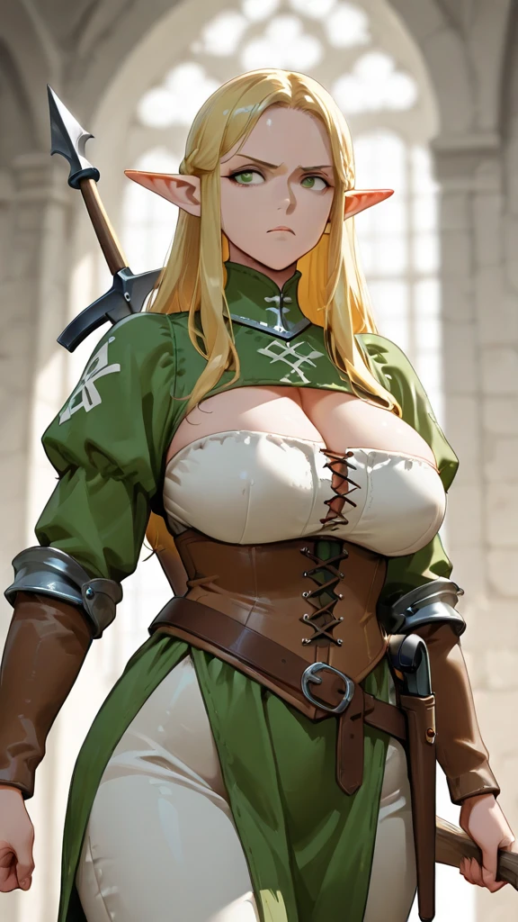 (masterpiece, best quality:1.2), cowboy shot, solo, 1girl, alleyne, elf, seductive pose, smile, huge breasts, (bouncing breasts, unaligned breasts:1.2), motion lines, motion blur, jumping, looking at viewer, side braid, beret, cape, skirt, thighhighs, green footwear, thigh boots, elbow gloves, midriff, cleavage, topless, nipple