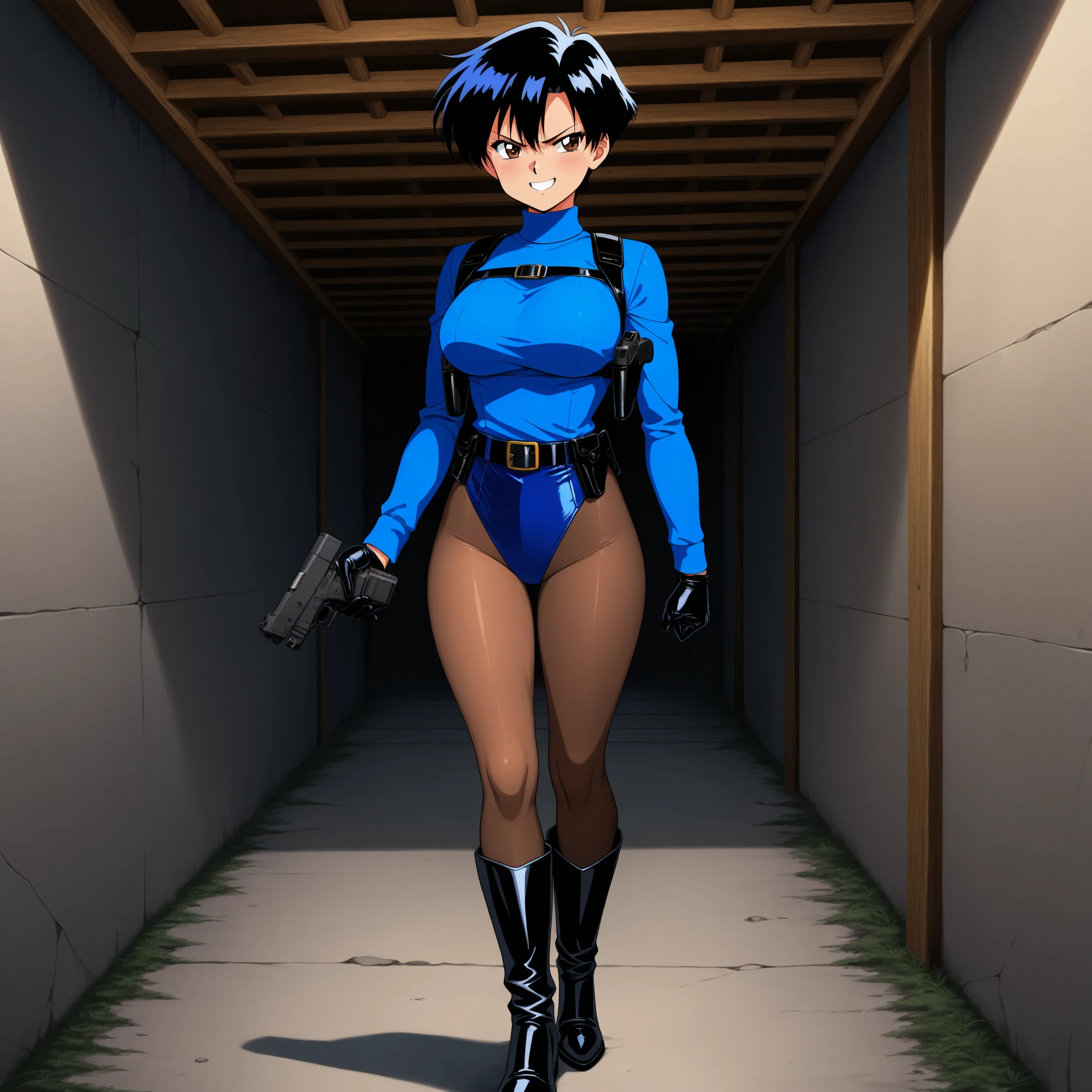 ultra-detailed, Explicit, Beautiful body, Beautiful Nose, Beautiful character design, perfect eyes, perfect face, ultra highres, 4K, beautiful legs, perfect legs, Nice hands, Perfect hand, Masterpiece, Best Quality, Highly detailed, illustration, absurdres, perfect anatomy, expressionless, blank eyes, looking at viewer, emotionless, black latex, corrution, mind control, female combatant, full body, hypnotized, unhappy trance, full body suit, both arms at side, obey, perfect female body, extremely glossy latex, hypnosis, hypnoLora, empty eyes, Mind control device, poses, submissive_pose, Slave, stand up straight, standing, standing at attention, hat, necktie, belt, latex, thighhighs, garter belt, Fighting Stance, extending the right arm from the shoulder into the air with a straightened hand, military, thigh boots, 1girl, hair ornaments, military uniform, high heel boots, black hair, short hair, blue eyes, Akebi-chan no Sailor Fuku, yuwa Akebi