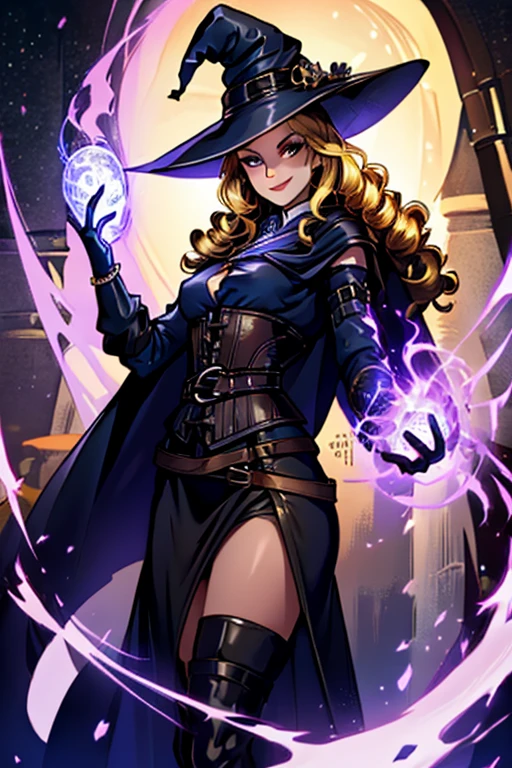 <lora:Genzoman_Style_Dim64:0.8>, , ((masterpiece,best quality)), absurdres,
1girl,
purple dress, witch hat, long orange hair, staff, swirling magic,
solo, smiling, looking at viewer, cowboy shot,