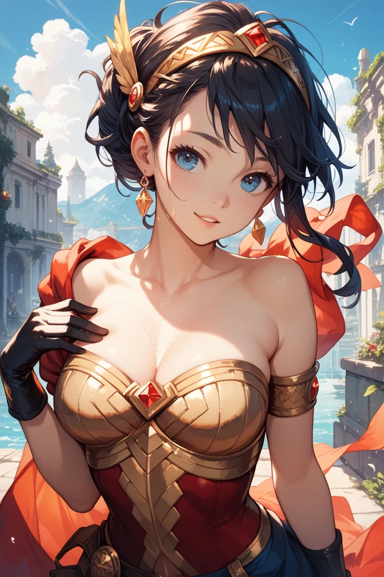 #Basics A girl is posing for a photo, animeのかわいい女の子, (((One Girl, Baby Face, Young girl, 16 years old))),
BREAK
#Clothing Accessories
((Red and Black)Armor of),
small red earrings,
BREAK
#Features
((Black Hair)), Curly hair, (Short Hair : Short Hair + Wavy Hair + Hair blowing in the wind + Curly Hair + White headband),
(Droopy eyes, blue eyes), (Small breasts),
BREAK
#background environment
(noon、(Fantasy world castle in sunlight + grass)),
#Facial Expression Pose
((A happy look + Open your mouth:3 + smile), (Standing pose with palms lightly placed on the sides of the hips)),
#composition
((Face the camera, Angle from the front, Cowboy Shot)),
BREAK
#Body parts elements
(Detailed hair, Beautiful Hair, Shiny Hair),
(double eyelid, Long eyelashes),
(Expression of fine eyes, Beautiful and delicate eyes, Sparkling eyes, Eye Reflexes, Glitter Eyeliner),
(Human Ear),
(Beautiful Nose, Thin Nose),
(Glossy lips, Beautiful Lips, Thick lips, Glossy Lips, Natural Cheeks),
(Detailed face, Symmetrical facial features),
(Detailed skin, Textured skin, Beautiful Skin, Shiny skin),
BREAK
#Quality
(((Highest quality)), ((masterpiece)), ((Very detailed))), ((High resolution), (16K,1080P)),
(Realistic), (Anatomically correct),
((comics, anime)), (3DCG), CG illustration,