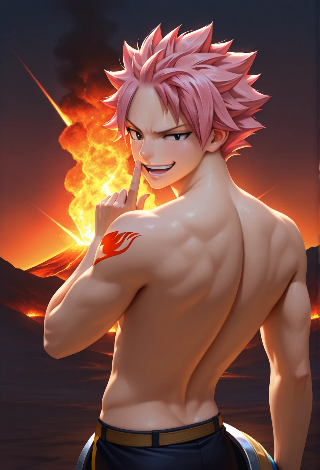 ((upper body)) masterpiece, best quality red eyes, game cg, 1boy adult man, (naked:1.2) rugged adult face, solo, male focus, looking at viewer, upper body, Natsu Dragneel natsu_dragneel, pink hair, red eyes, (shirtless naked), toned muscle, pectorals, 8 abs, toned legs, naked, slightly bulged, (large fire:1.5) and ember (particle effects:1.2), detailed, dynamic lighting, well lit, (fire on skin:1.2), (skin burning:1.2), (eyes on fire:1.2) (pink pubic hair:1.5), (penis:1.2) ((view from a distance))
