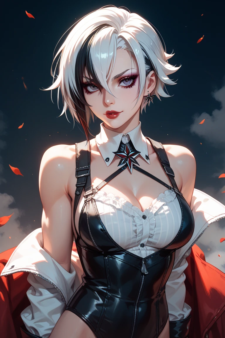 Short curly hair，Straight Hair，White hair，Black Hair，Colorful Hair，Eyeliner，Glowing red eyes, Red X pupil，Smile，Realistic style，reality
