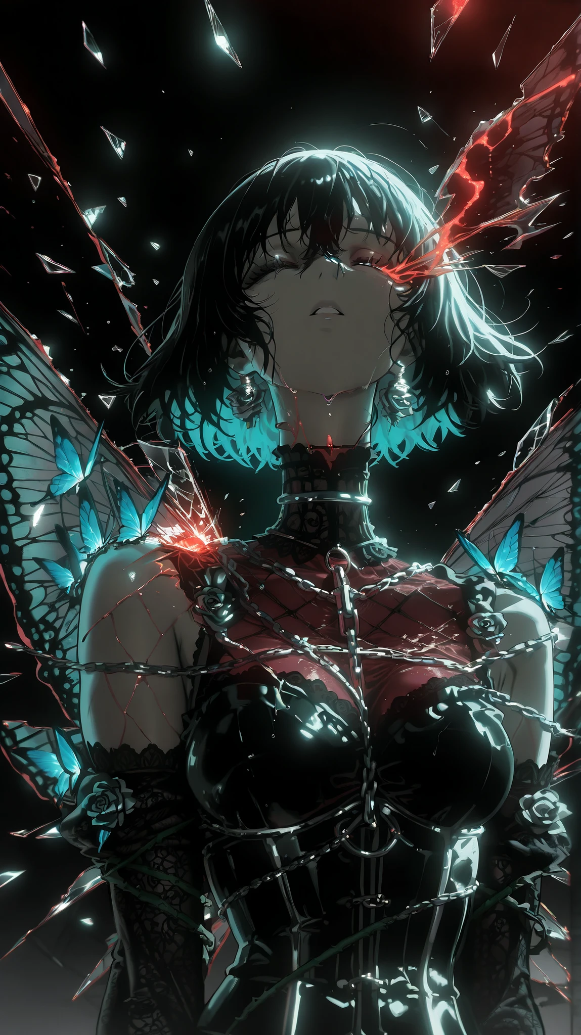 SmoothNoob_Quality, upper body of a gothic girl with a dark lace corset, sheer mesh sleeves, silver chain accessories, and a high collar choker. Her hair is dark with a streak of blue, messy and voluminous. She stands surrounded by abstract, breaking, shattered glass, with blue and black spot color theme. Her gaze is haunting and melancholic. A black rose lies near her chest, with thistles and thorny vines wrapping subtly around her arms. Black thick liquid drips around, with light fog and a glowing blue butterfly resting on her shoulder. Underlighting and dramatic film lighting create strong visual impact. Reflections in broken glass (reflection, glass shards:1.2). Style: sketch, lineart, wet painting. Gothic, emotional and surreal.