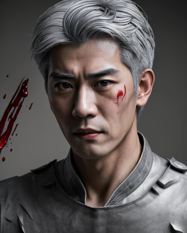 Young man pumped up Japanese man in full height ((Gray hair)),  wounded, Blood, ((masterpiece)),((better quality)),8 k,Highly detailed, super detailed, depth of field, pretty face, neutral expression, stylish pose, surround lighting, Real skin texture