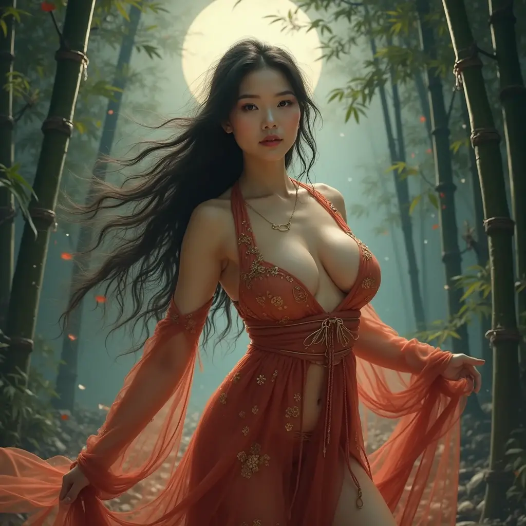 A nude voluptuous ancient Chinese enchantress, glowing pale skin, long flowing black hair, deep seductive eyes, wearing only a sheer translucent red silk cloth, revealing her body, standing in a misty bamboo forest under moonlight, sensual fantasy vibe, highly detailed, perfect body proportions, erotic tone, soft lighting
