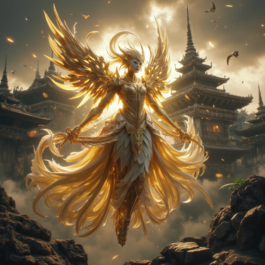 An air elemental in golden armor gliding through monsoon skies, sacred birds circle above, ancient temple glow behind him