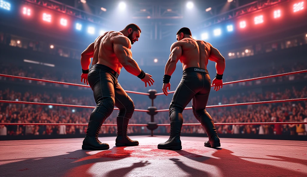 A vibrant and dynamic 3D cartoon-style image from a WWE video game, featuring two wrestlers engaged in a fierce battle. On the left, a muscular, shirtless wrestler with short hair is in a powerful athletic pose, adorned with blue and red wristbands, jean shorts with a striped belt, and black athletic shoes with bright green laces. His well-defined muscles and athletic attire