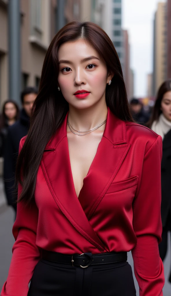 Reality, high resolution, 1 Woman, Solitary, Hips up, View Viewer, (Delicate face),Red trench coat,Mid-chest:1.1,skirt:1.1,Red dark V skirt,Left-breasted rose,Black Hair,Long hair,Looking at the camera slightly to the side of the face at a 45-degree angle,casino background,Take poker action