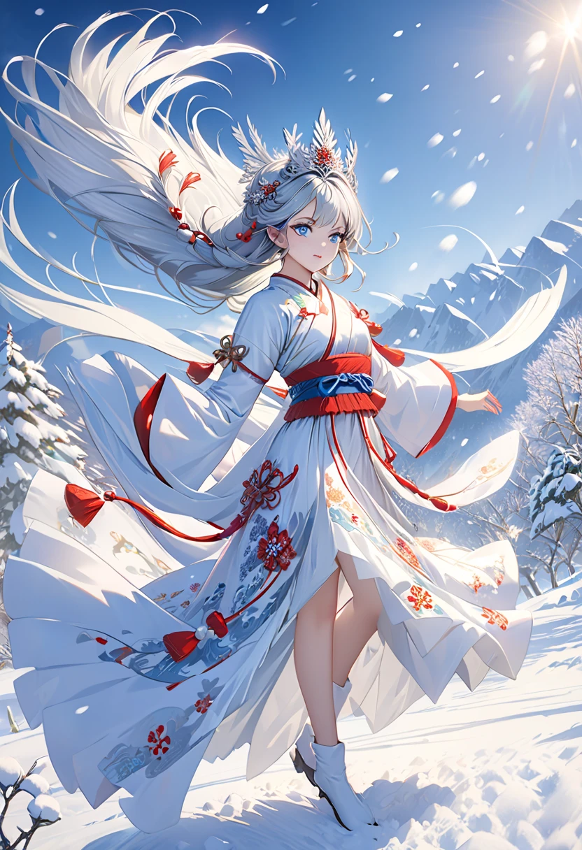The best texture, High Quality, , 8k, full body photo,   panoramic photo , snow, flying snowflakes, dancing in the snow, girl, full of Miao silver jewellery, Miao clothing, Silver Phoenix Crown,  Melon Seed Face, Super Detailed , blue eyes,  Long eyebrows , white skin, Silver long hair, Long Flowing Hair,  rises with the wind, snowflake colorful gifts, realistic, very well detailed, High detail,  Ultra Clear ,