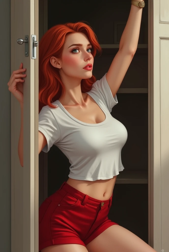one , who has white skin, with a loose white shirt showing a little of her breasts, with red hair and a finger in his mouth, wearing very short shorts