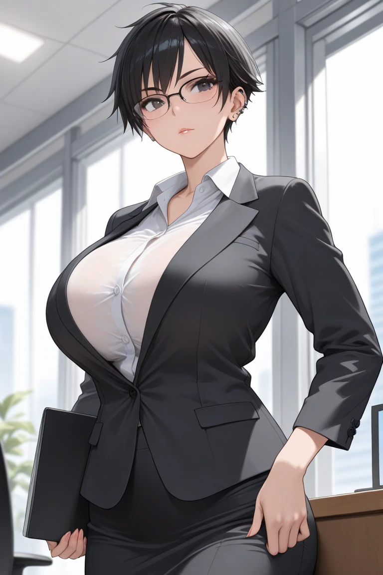 (masterpiece), best quality, expressive eyes, perfect face, 1woman, solo, mature woman, business suit, jacket, pencil skirt, mini skirt, pantyhose, black panties, glasses, brown hair, short hair, large breast, large butt, cleavage, thighs, full body, raise one leg, (panties are visible), smile, open mouth, standing, leaning forward, look back, from behind, comb your hair, ((turn up the skirt)), low angle, ((look seducing)), (sexy), classroom,