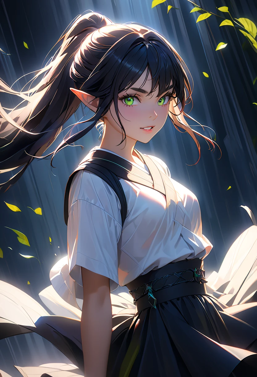 1 girl, cowboy shot of sylvdark looking at viewer】, Colored Skin,  green, teeth, Inner Voice, elf,  Long eyebrows , (white shirt, black skirt), high athletic ability,  volumetric lighting, Top Quality, masterpiece, complicated,  volumetric lighting, like in a movie, 8k, like in a movie lighting, masterpiece, perfection, complicated details, tone mapping, realistic 
