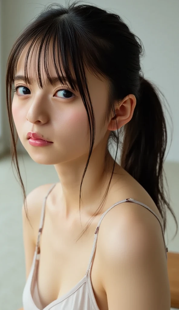 A beautiful Japanese woman, about 25 years old, with eyes similar to Kanna Hashimoto's, a nose similar to Yui Aragaki's, light pink lipstick, brown bob hair, slim waist, wearing a white T-shirt and jeans, sitting on a bench in the city, photo-like touch