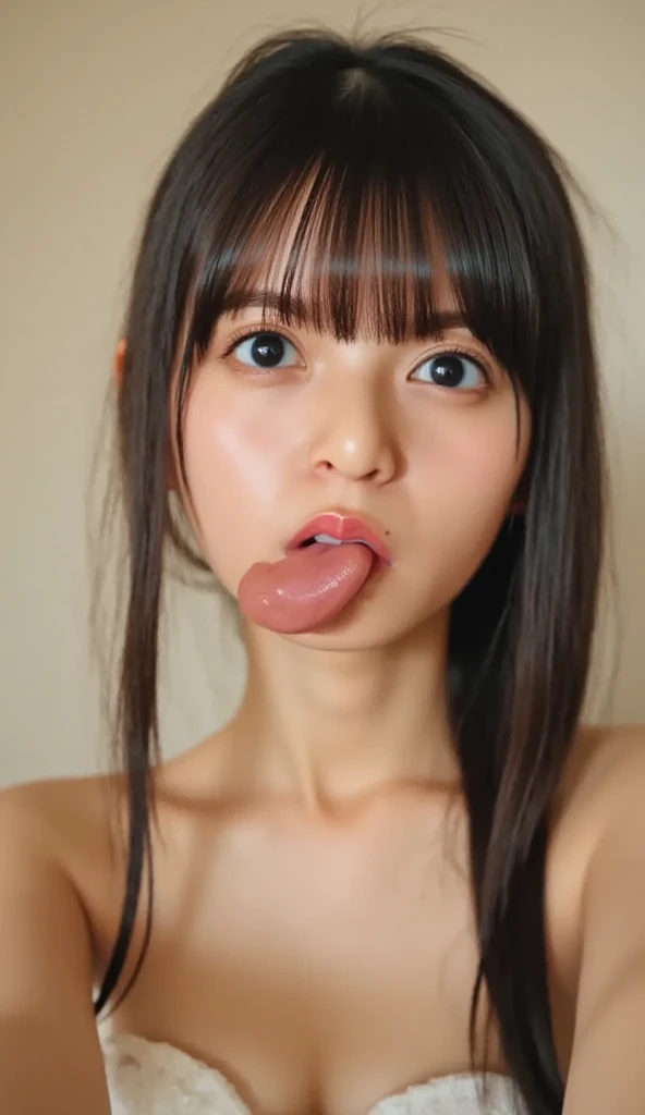 Sticking out pink wet tongue、Glossy red lip gloss