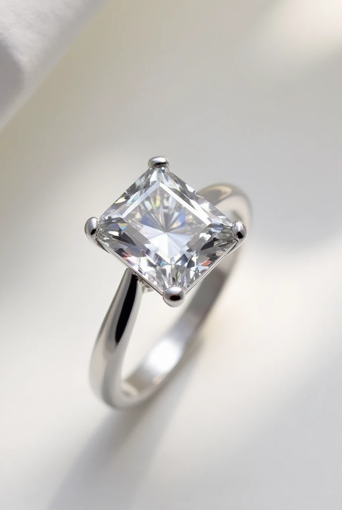 A beutiful ring a platinum band with a cushion shaped diamond in the middle