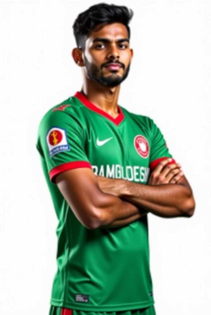 A 20-year-old boy in front of the Bangladeshi flag on the back. Wearing the jersey of Bangladesh. The jersey has 'Sakif' written in English and the face and eyes are covered in red cloth.