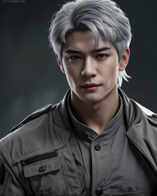A young man, pumped up Japanese ((Gray hair)),  wounded, Blood, Background Forest, black tactical jacket  ((masterpiece)),((better quality)),8 k,Highly detailed, super detailed, depth of field, pretty face, neutral expression, stylish pose, surround lighting, real skin textureHigh resolution, Точность, Realistic , better quality, high detail, very detailed, retina, Ultra high definition, smirk, top view, Close-up, 