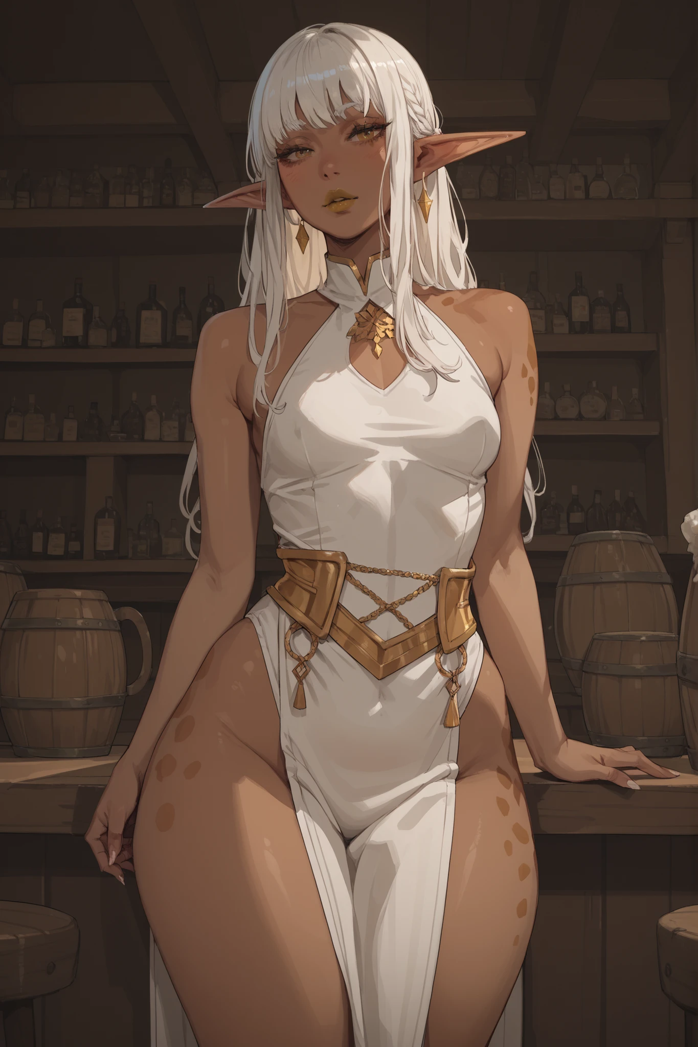 1 girl, long white hair, bangs, long elf ears, dark skin, voluptuous, small breasts, thick thighs, body spots, gold lips, white gold leotard, pelvic curtain, tavern