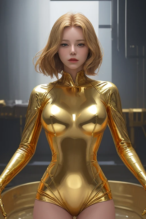(masterpiece, best quality, semi-realistic, ultra-high resolution) A beautiful Eurasian 22 years old mech-girl, glossy and shinny skins, in a glittering steampunk suit, Hajime Sorayama art style, with a blush face, Vintage style, vintage cinematic lighting, showa era, 80's japan