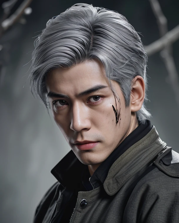 A young man, pumped up Japanese ((Gray hair)),  wounded, Blood, Background Forest, (black tactical jacket), ((masterpiece)),((better quality)),8 k,Highly detailed, super detailed, depth of field, pretty face, neutral expression, stylish pose, surround lighting, real skin textureHigh resolution, Точность, Realistic , better quality, high detail, very detailed, retina, Ultra high definition, smirk, top view, Close-up, 