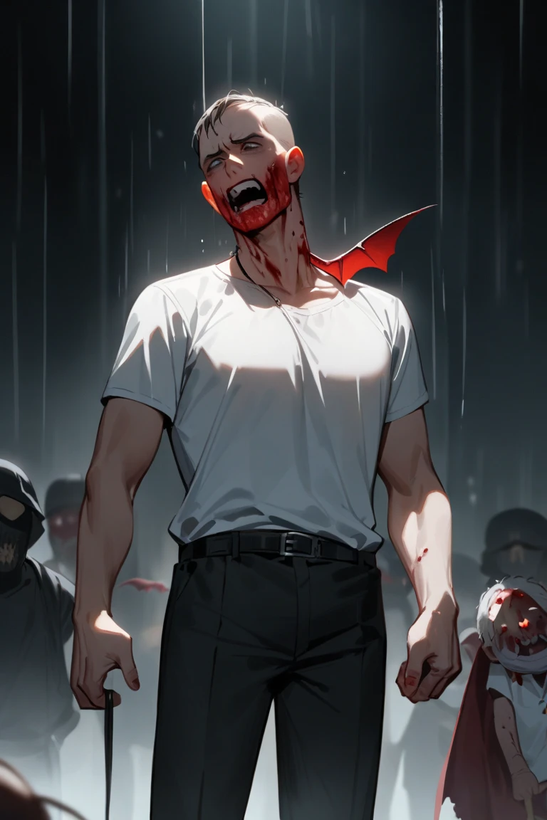 man turning into monster, sitting , hand over his face, covered in blood, screaming face motion. a lot of blood over face hands legs chest shirt pants fingers, of blood coverd in blood. veiny eye that is bloody. in a fetal position.
