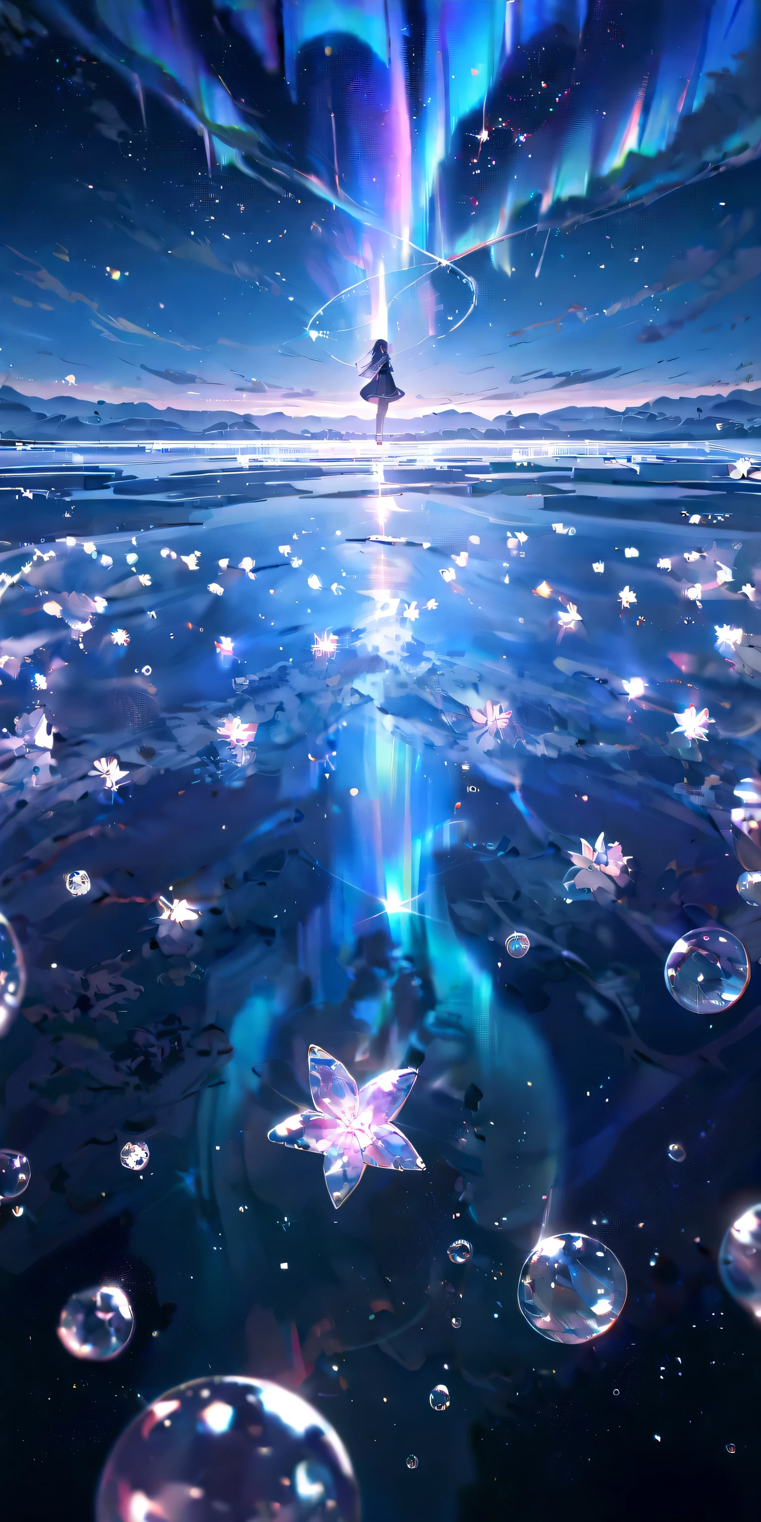 1girl\(cute,,chibi,student, young, hair\(short,silver,floating\), cosmic eyes, pale skin, (looking up:1.2)\). BREAK .(crystal clear bubbles\(shining prism,in the sky\), beautiful universe, (photo-realistic huge beautiful colorful aurora:1.2),high color saturation, ground\(made of water, reflecting aurora\), many colorful (realistic crystal flowers) blooming everywhere, (shiny wind flow), stars sparkle, from below. (fish-eye lens). BREAK .quality\(,masterpiece, high score, great score, very aesthetic, high resolution, ultra-detailed, absurdres, newest, scenery, depth of field\)