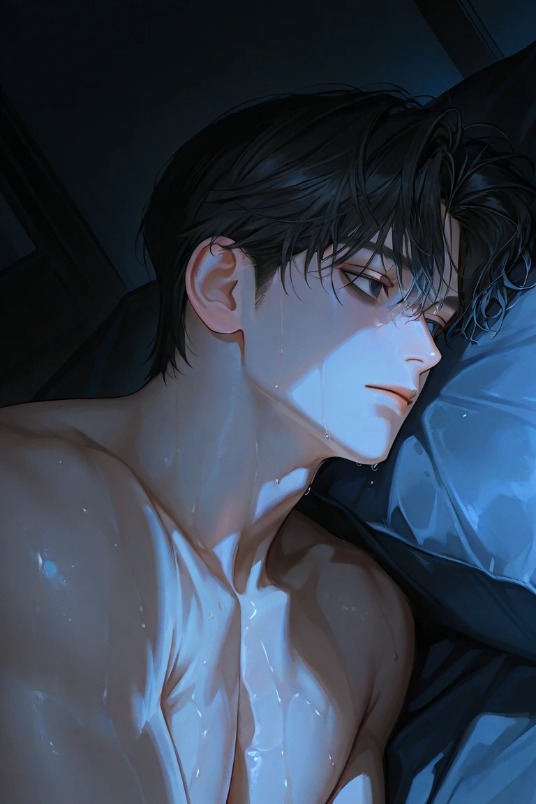 A shirtless muscular man with short messy brown hair, leaning against the window of a skyscraper apartment, sweating, with a divine jawline and hunter eyes, (best quality, 4k, 8k, highres, masterpiece:1.2), ultra-detailed, (realistic, photorealistic, photo-realistic:1.37), HDR, UHD, studio lighting, ultra-fine painting, sharp focus, physically-based rendering, extreme detail description, professional, vivid colors, bokeh, portrait, dramatic lighting, chiaroscuro, cinematic, moody, dramatic
