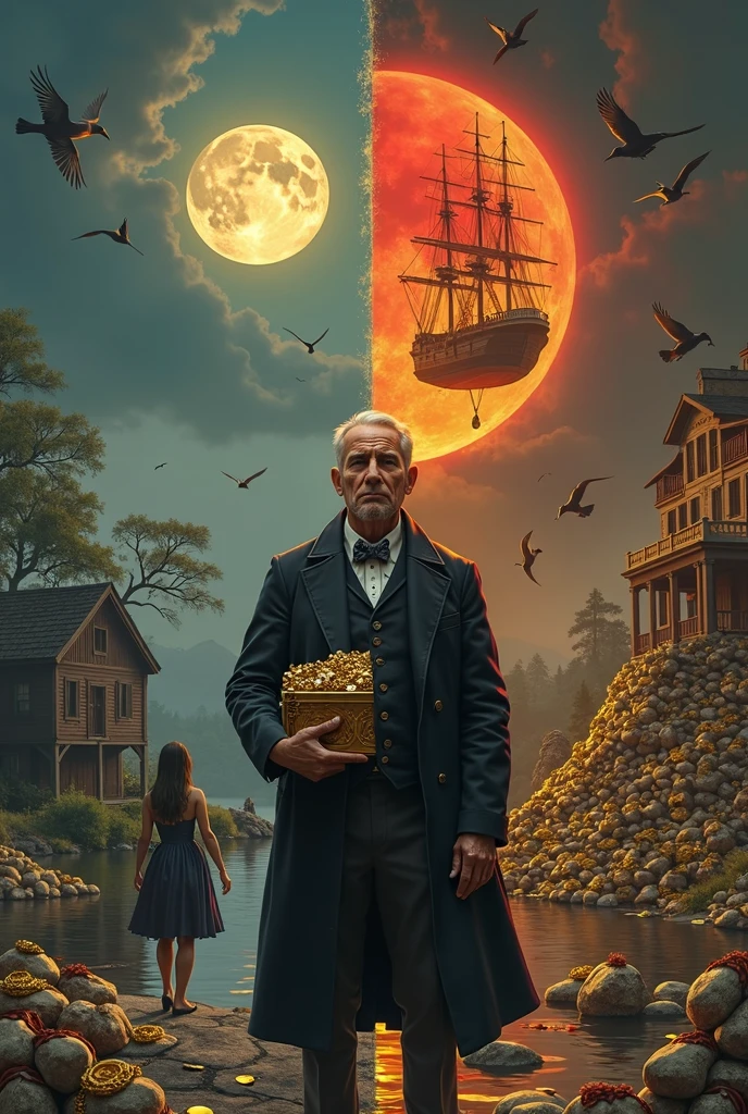 A surreal, highly detailed digital painting divided into two contrasting halves, day and night. In the center stands a middle-aged man in his late 30s, wearing a black 19th-century suit, holding a golden chest filled with treasure. His face is split between gold and shadow, symbolizing inner conflict and guilt. Behind him, two different worlds:

On the left side, under a glowing full moon, a calm, serene woman stands near an old wooden house, surrounded by trees and a small sailing boat by the river. The atmosphere is peaceful and dreamlike.

On the right side, under a red  glowing crescent moon in the sky, like the one on the Turkish flag. stands a fancier house surrounded by piles of treasure and gold, some stained with blood. A large 19th-century cargo ship.

Money bags, ancient statues, birds, and symbolic objects float around the scene, suggesting wealth, regret, duality, and the cost of ambition. The style is cinematic, hyper-detailed, with dramatic lighting, golden-red tones on the right, and cold blue on the left. The image should evoke emotion, tension, and mystery.