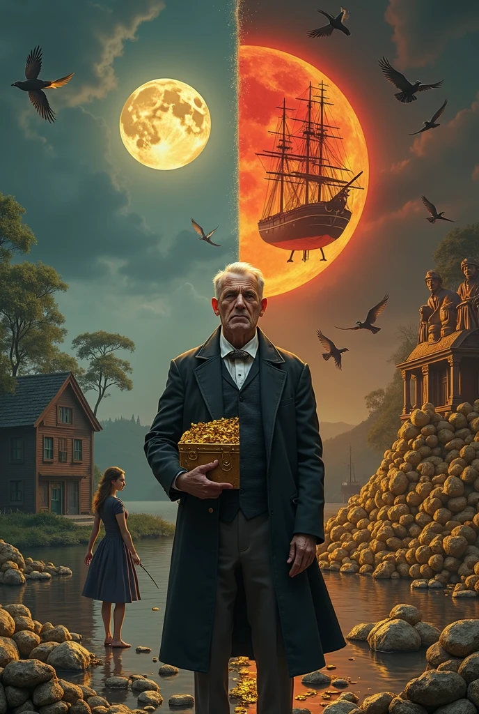 A surreal, highly detailed digital painting divided into two contrasting halves, day and night. In the center stands a middle-aged man in his late 30s, wearing a black 19th-century suit, holding a golden chest filled with treasure. His face is split between gold and shadow, symbolizing inner conflict and guilt. Behind him, two different worlds:

On the left side, under a glowing full moon, a calm, serene woman stands near an old wooden house, surrounded by trees and a small sailing boat by the river. The atmosphere is peaceful and dreamlike.

On the right side, under a red  glowing crescent moon in the sky, like the one on the Turkish flag. stands a fancier house surrounded by piles of treasure and gold, some stained with blood. A large 19th-century cargo ship.

Money bags, ancient statues, birds, and symbolic objects float around the scene, suggesting wealth, regret, duality, and the cost of ambition. The style is cinematic, hyper-detailed, with dramatic lighting, golden-red tones on the right, and cold blue on the left. The image should evoke emotion, tension, and mystery.