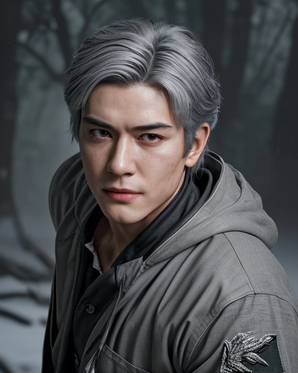 A young man pumped up to a full length Japanese ((Gray hair)),  wounded, Blood, Background Forest, (black tactical jacket), ((masterpiece)),((better quality)),8 k,Highly detailed, super detailed, depth of field, pretty face, neutral expression, stylish pose, surround lighting, Real skin texture, high resolution, Точность, Realistic anatomy, better quality, high detail, very detailed, retina, Ultra high definition, smirk, top view, Close-up, Focal length 35 mm, Atmospheric perspective,  Character Diagram , Full character sheet, 