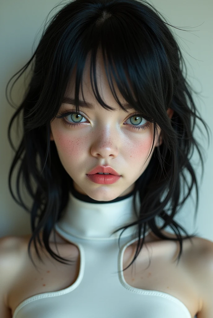 Fubuki from opm, realistic, age 28, pure white skin, green eyes, dark green bob hair, white fur neck collor, green coat, perfect face, perfect shape body, extra large stif breasts, clothes covered upper body, 3d, front side pose