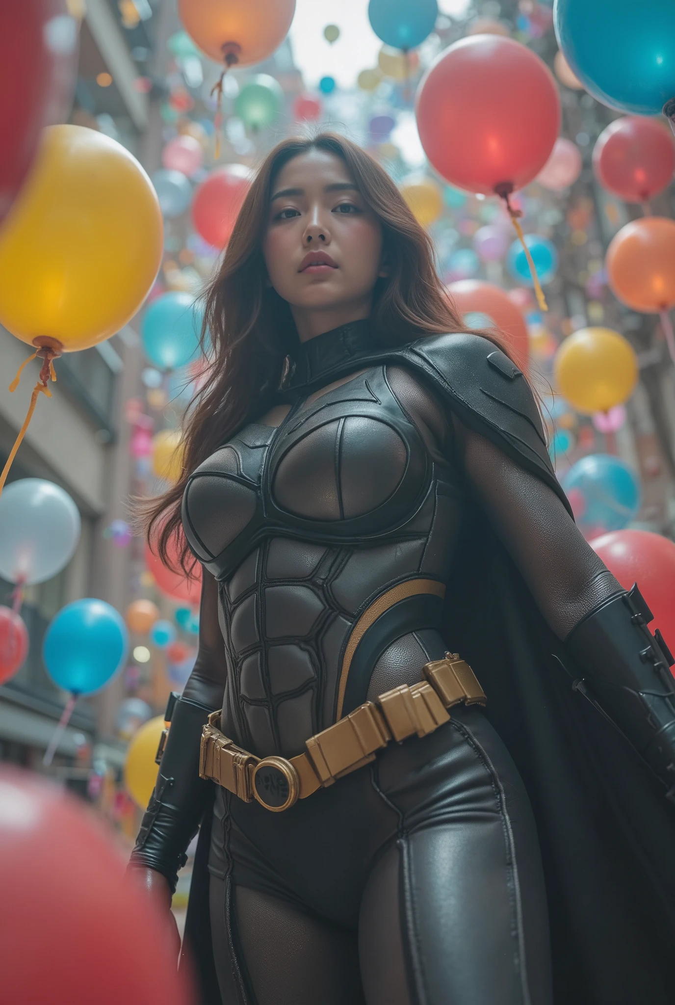 busty curvy super muscular korean female wearing batman rubber suit surrounded by balloons