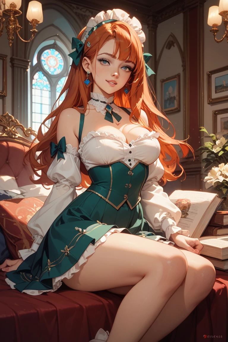 highest quality、16K high resolution、Super detailed、masterpiece、Live shooting、realistic:1.4、hyper realism:1.4、sharp focus、very delicate and beautiful、small details、1 female、(european:1.2)、(brown hair:1.1)、(super beautiful)、(beautiful face:1.5)、(adult face)、18 year old witch、(no panties:1.3)、spread your legs to the side、(wizard hat)、(green dress:1.2)、library 、stockings 、wearing makeup、libray chairs、At NSFW